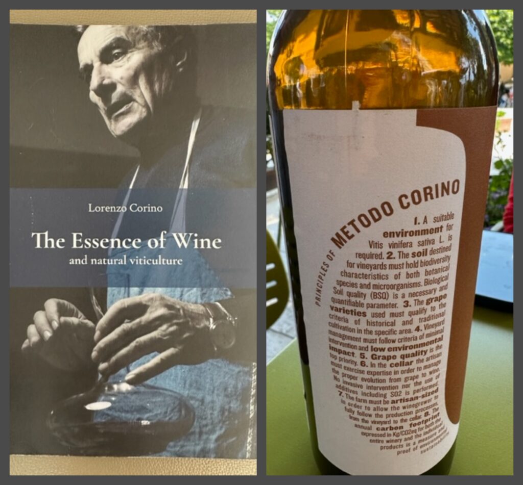 The Essence of Wine book and back label of La Maliosa wine